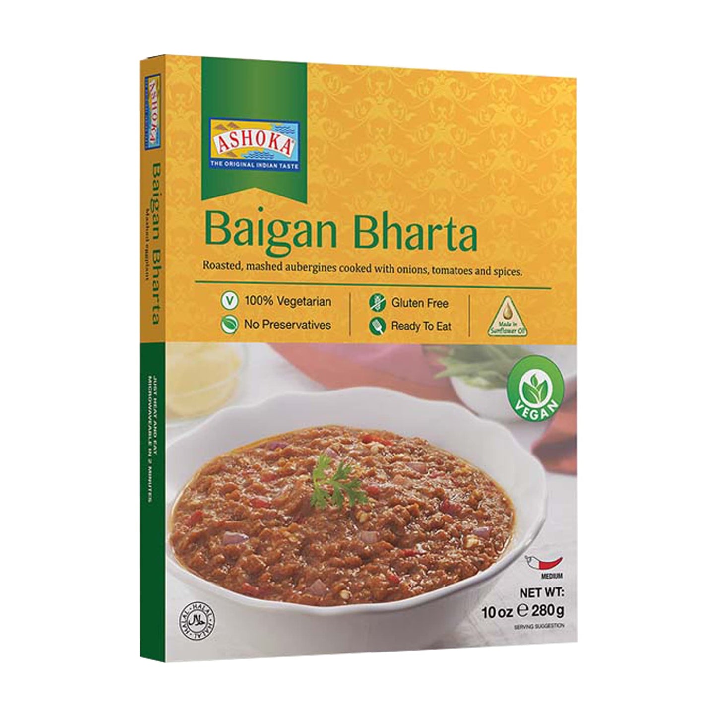 Ashoka All-Natural Entrees 1932, Vegan Mashed Aubergines, Microwave Ready Meals, Authentic Baigan Bharta, Portable Backpack Friendly Indian Food, Gluten-Free, and with No Preservatives, Pack of 1