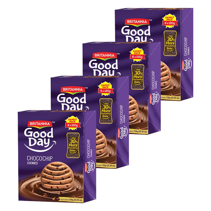 BRITANNIA Good Day Choco Chips Cookies 25.39oz (720g) - Breakfast & Tea Time Snacks - Delicious Grocery Cookies - Halal and Suitable for Vegetarians (Pack of 4)