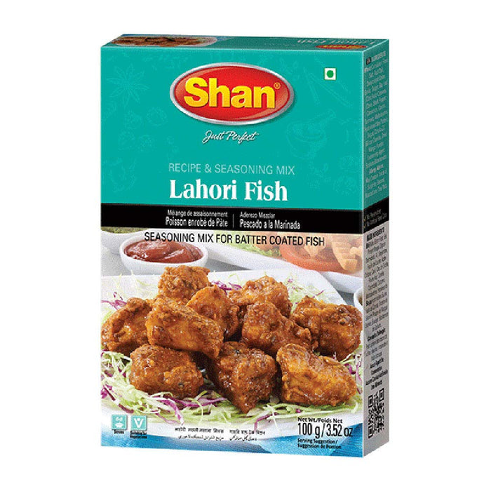 Shan Lahori Fish Recipe and Seasoning Mix 3.5 oz (100g) - Spice Powder for Batter Coated Fried Fish - Suitable for Vegetarians - Airtight Bag in a Box