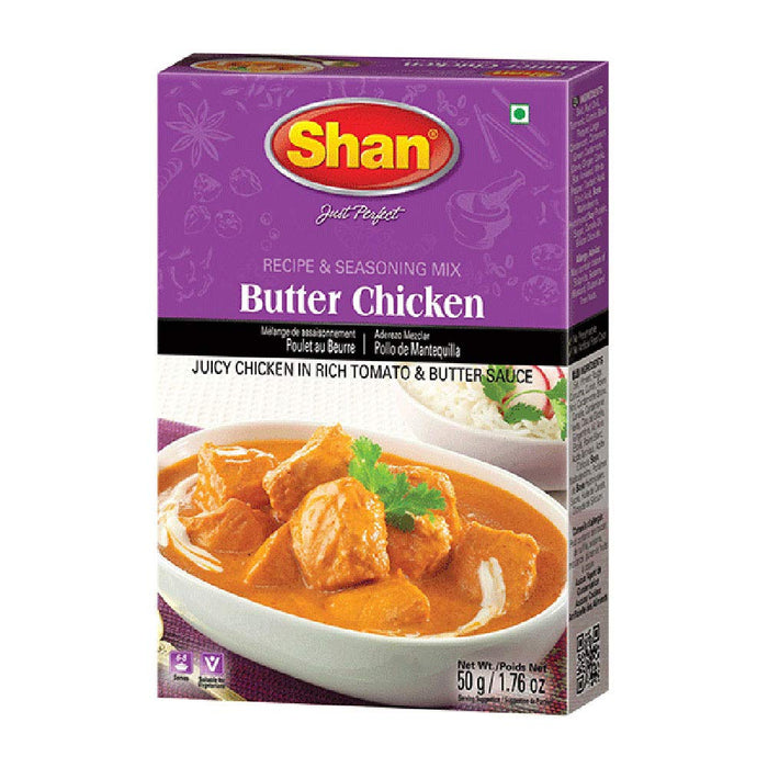 Shan Butter Chicken Recipe and Seasoning Mix 1.76 oz (50g) - Spice Powder for Juicy Chicken in Rich Tomato and Butter Sauce - Suitable for Vegetarians - Airtight Bag in a Box
