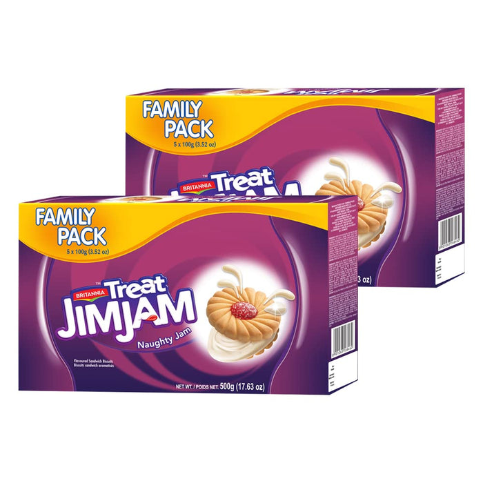 Britannia Treat Naughty Jim Jam Sandwich Biscuits 17.62oz (500g) - Breakfast & Tea Time Snacks - Delicious Grocery Cookies - Suitable for Vegetarians (Pack of 2)