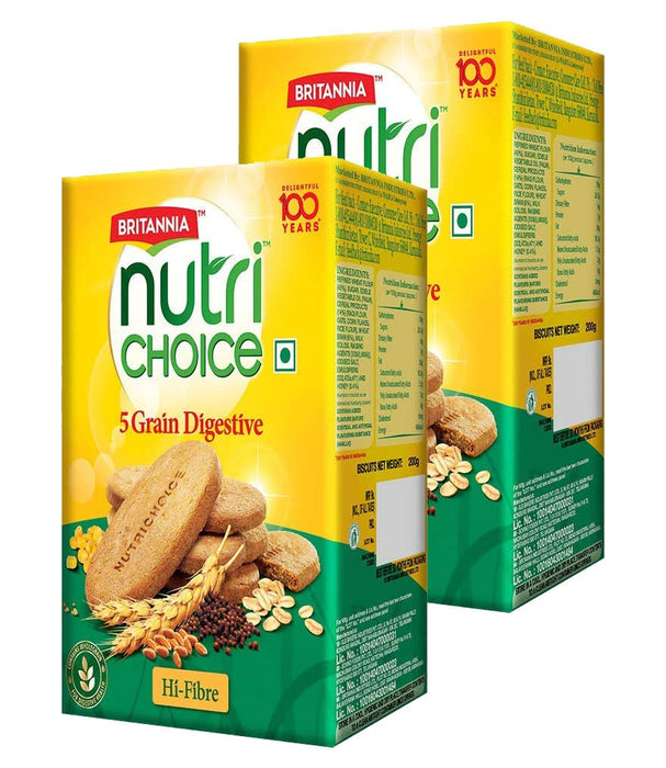 BRITANNIA Nutri Choice 5 Grain Digestive Biscuits 8.81oz (250g) - Healthy Breakfast & Tea Time Snacks - Halal and Suitable for Vegetarians (Pack of 2)