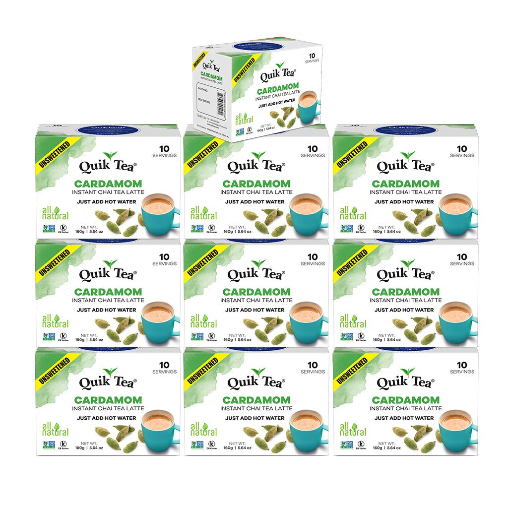 QuikTea Unsweetened Cardamom Chai Tea Latte - 100 Count (10 Boxes of 10 Each) - All Natural Preservative Free Authentic Instant Chai