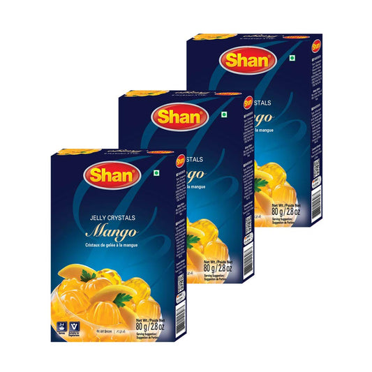 Shan Jelly Crystals Mango 2.82 oz (80g) - Cristaux De Gelee a la mangue - Quick and Easy Jello - Suitable for Vegetarians - Airtight Bag in a Box (Pack of 3)