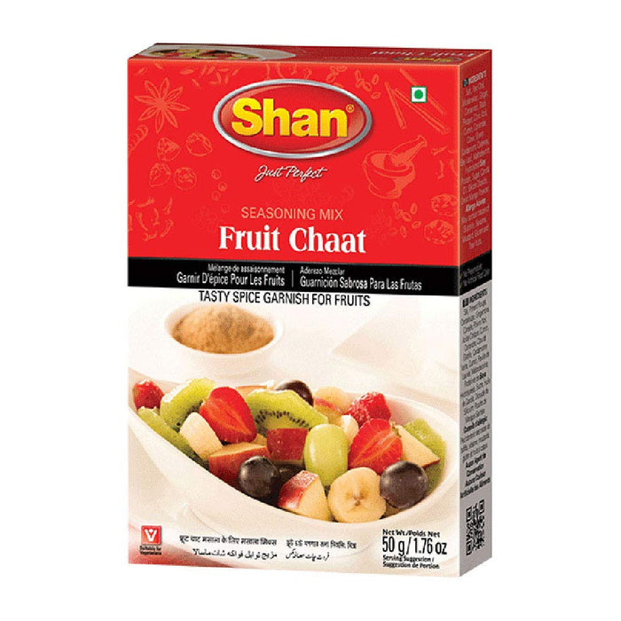 Shan Fruit Chaat Seasoning Mix 1.76 oz (50g) - Spice Powder for Tasty and Spicy Garnish for Fruits Salad - Suitable for Vegetarians - Airtight Bag in a Box