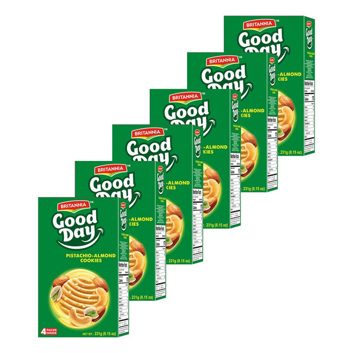 Britannia Good Day Pistachio/Almond Cookies 8.15oz (231g) - Breakfast & Tea Time Snacks - Delicious Grocery Cookies - Halal and Suitable for Vegetarians (Pack of 6)